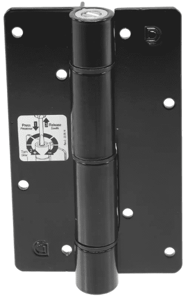 This is a self closing pool gate hinge that uses a screwdriver for adjustment.